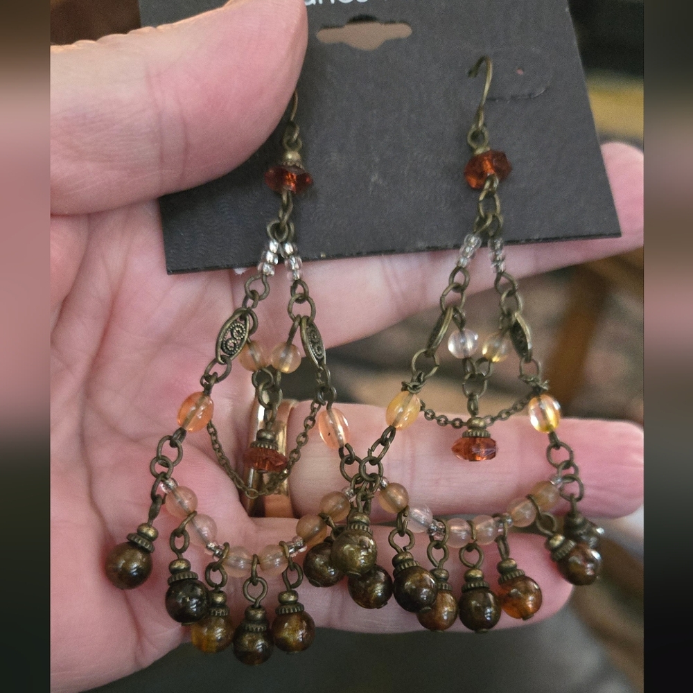 Charles Klein Orange & Gold Beaded Antiqed Chandelier Earrings - Picture 2 of 4